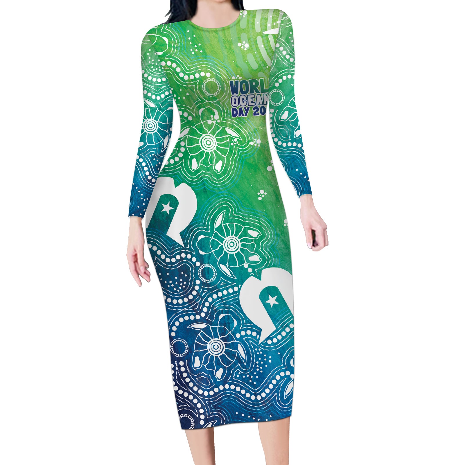 Australia Aboriginal Style Long Sleeve Bodycon Dress World Ocean Day