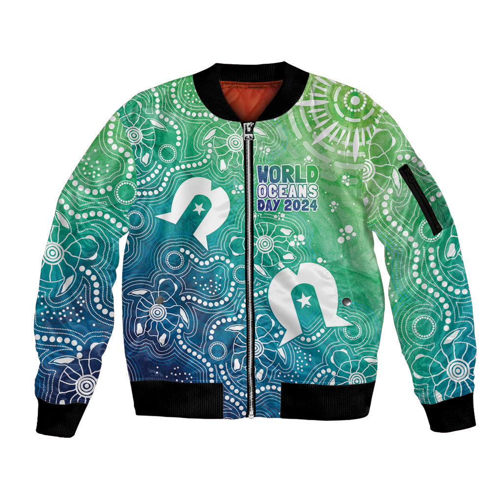 Australia Aboriginal Style Sleeve Zip Bomber Jacket World Ocean Day