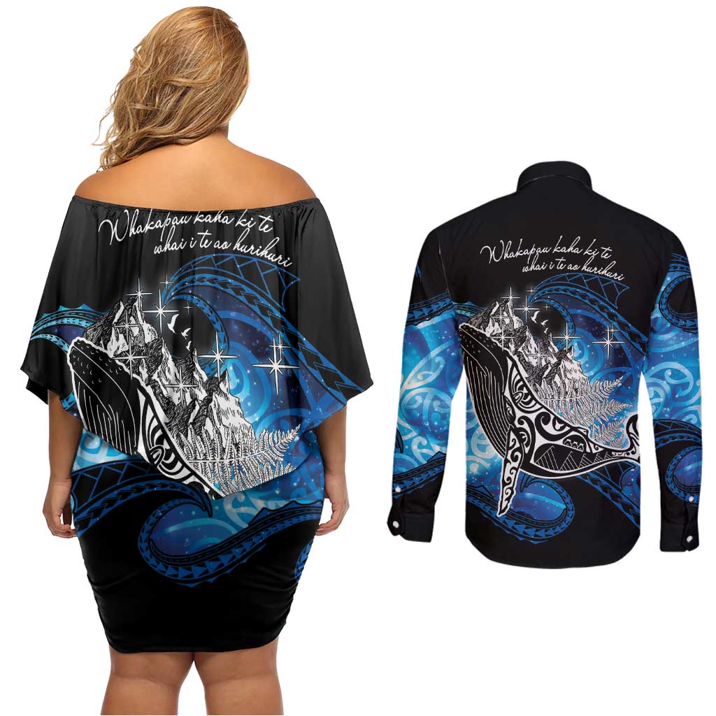 Maori Matariki Te Araroa Paikea Starry Couples Matching Off Shoulder Short Dress and Long Sleeve Button Shirt Tangaroa Whakatauki