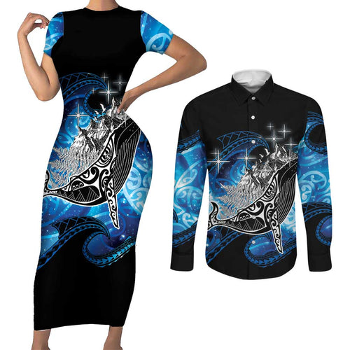Maori Matariki Te Araroa Paikea Starry Couples Matching Short Sleeve Bodycon Dress and Long Sleeve Button Shirt Tangaroa Whakatauki