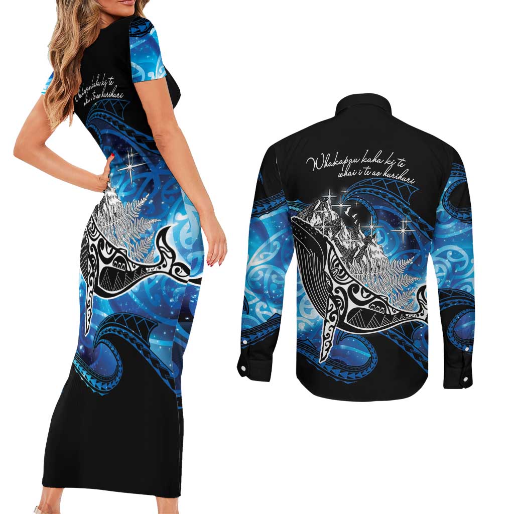 Maori Matariki Te Araroa Paikea Starry Couples Matching Short Sleeve Bodycon Dress and Long Sleeve Button Shirt Tangaroa Whakatauki