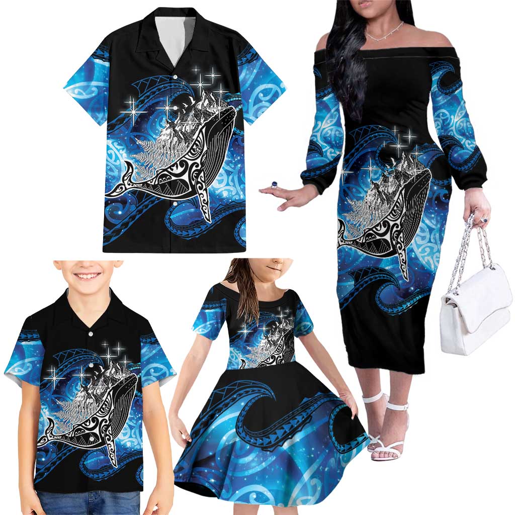 Maori Matariki Te Araroa Paikea Starry Family Matching Off The Shoulder Long Sleeve Dress and Hawaiian Shirt Tangaroa Whakatauki
