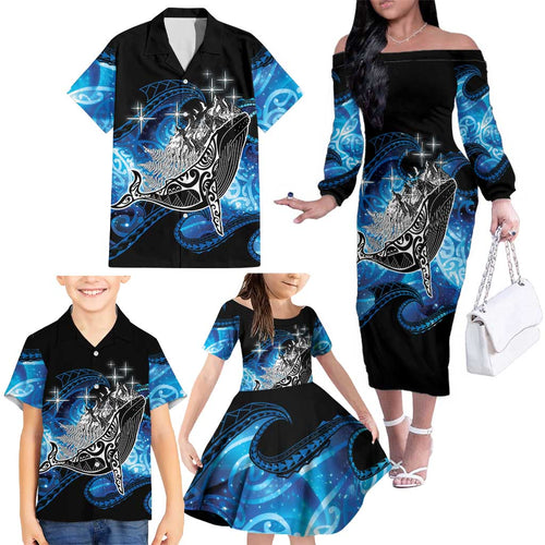 Maori Matariki Te Araroa Paikea Starry Family Matching Off The Shoulder Long Sleeve Dress and Hawaiian Shirt Tangaroa Whakatauki