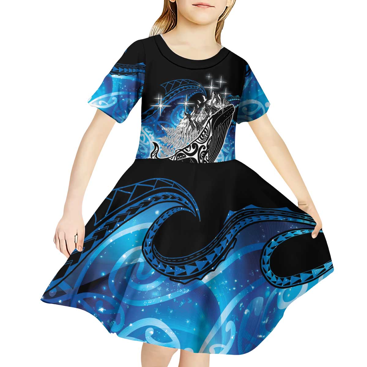 Maori Matariki Te Araroa Paikea Starry Kid Short Sleeve Dress Tangaroa Whakatauki