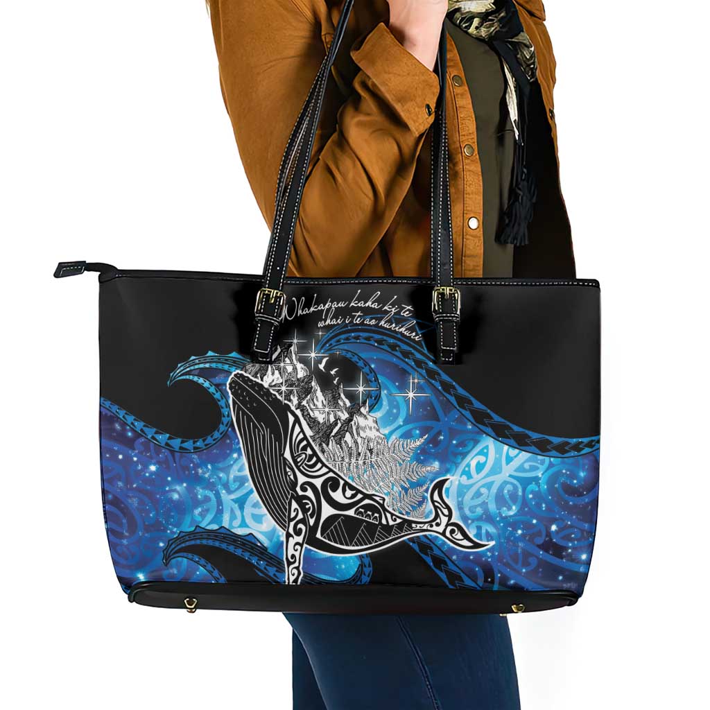 Maori Matariki Te Araroa Paikea Starry Leather Tote Bag Tangaroa Whakatauki