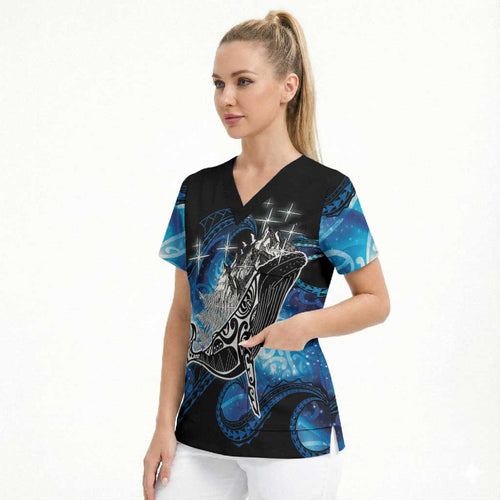 Maori Matariki Te Araroa Paikea Starry Scrub Top Tangaroa Whakatauki