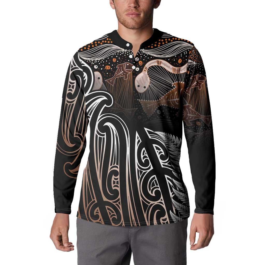 Aotearoa Maori - Australia Indigenous Button Sweatshirt Koiri Whakairo Mix Aboriginal Art - Aussie Hoodie