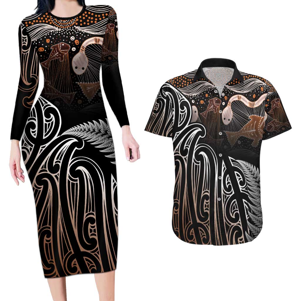 Aotearoa Maori - Australia Indigenous Couples Matching Long Sleeve Bodycon Dress and Hawaiian Shirt Koiri Whakairo Mix Aboriginal Art - Aussie Hoodie