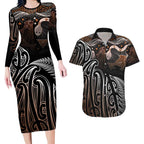 Aotearoa Maori - Australia Indigenous Couples Matching Long Sleeve Bodycon Dress and Hawaiian Shirt Koiri Whakairo Mix Aboriginal Art - Aussie Hoodie