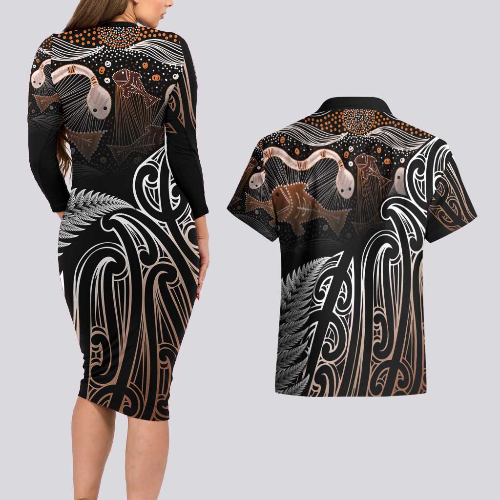 Aotearoa Maori - Australia Indigenous Couples Matching Long Sleeve Bodycon Dress and Hawaiian Shirt Koiri Whakairo Mix Aboriginal Art - Aussie Hoodie