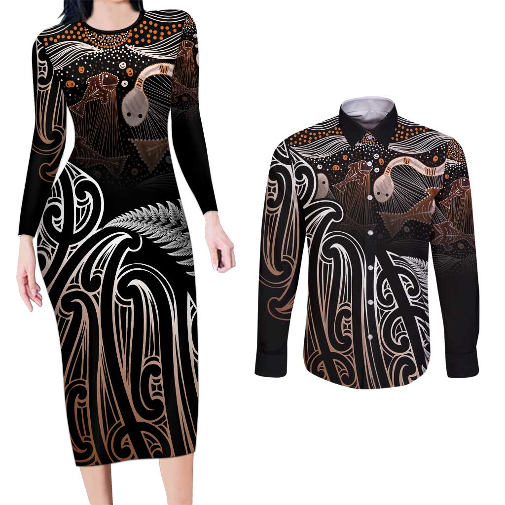 Aotearoa Maori - Australia Indigenous Couples Matching Long Sleeve Bodycon Dress and Long Sleeve Button Shirt Koiri Whakairo Mix Aboriginal Art - Aussie Hoodie