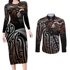 Aotearoa Maori - Australia Indigenous Couples Matching Long Sleeve Bodycon Dress and Long Sleeve Button Shirt Koiri Whakairo Mix Aboriginal Art - Aussie Hoodie