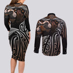 Aotearoa Maori - Australia Indigenous Couples Matching Long Sleeve Bodycon Dress and Long Sleeve Button Shirt Koiri Whakairo Mix Aboriginal Art - Aussie Hoodie