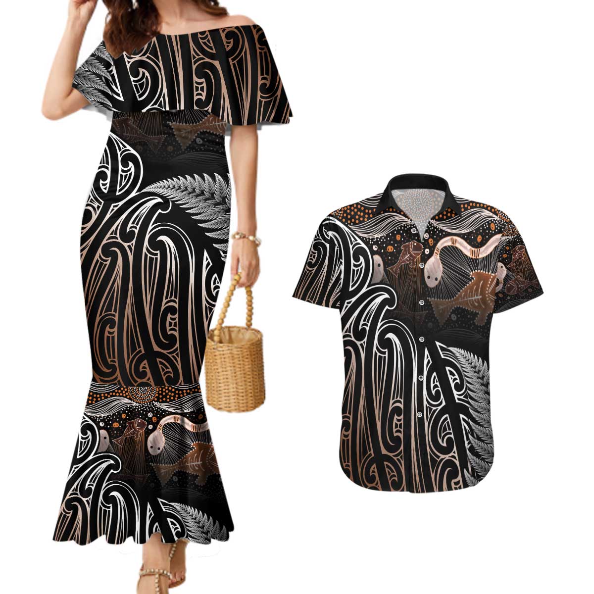 Aotearoa Maori - Australia Indigenous Couples Matching Mermaid Dress and Hawaiian Shirt Koiri Whakairo Mix Aboriginal Art - Aussie Hoodie