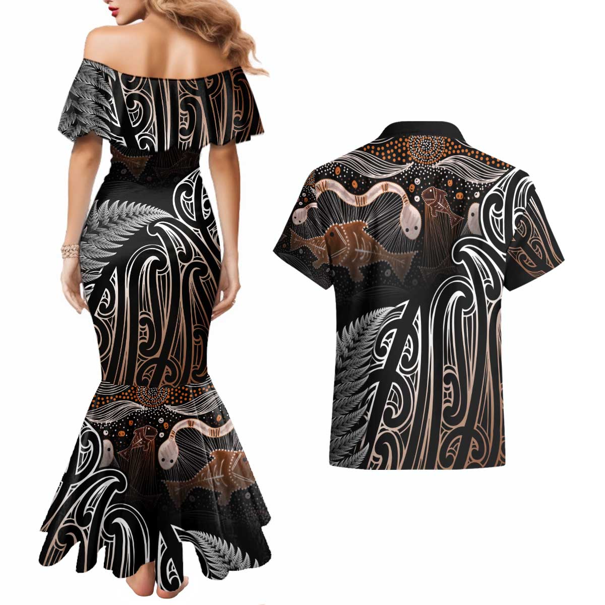 Aotearoa Maori - Australia Indigenous Couples Matching Mermaid Dress and Hawaiian Shirt Koiri Whakairo Mix Aboriginal Art - Aussie Hoodie