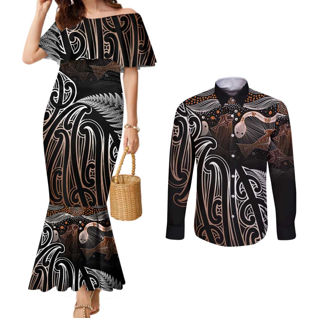 Aotearoa Maori - Australia Indigenous Couples Matching Mermaid Dress and Long Sleeve Button Shirt Koiri Whakairo Mix Aboriginal Art - Aussie Hoodie