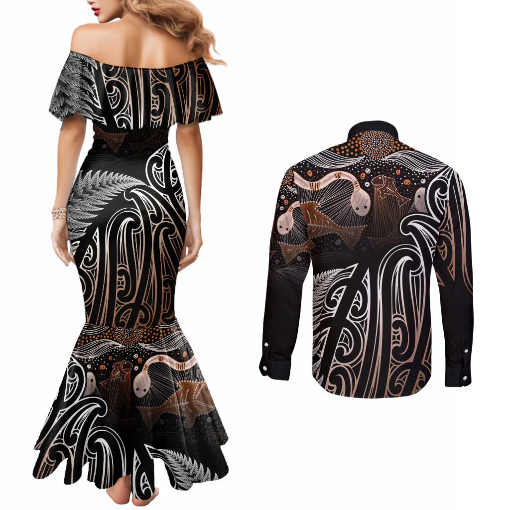 Aotearoa Maori - Australia Indigenous Couples Matching Mermaid Dress and Long Sleeve Button Shirt Koiri Whakairo Mix Aboriginal Art - Aussie Hoodie
