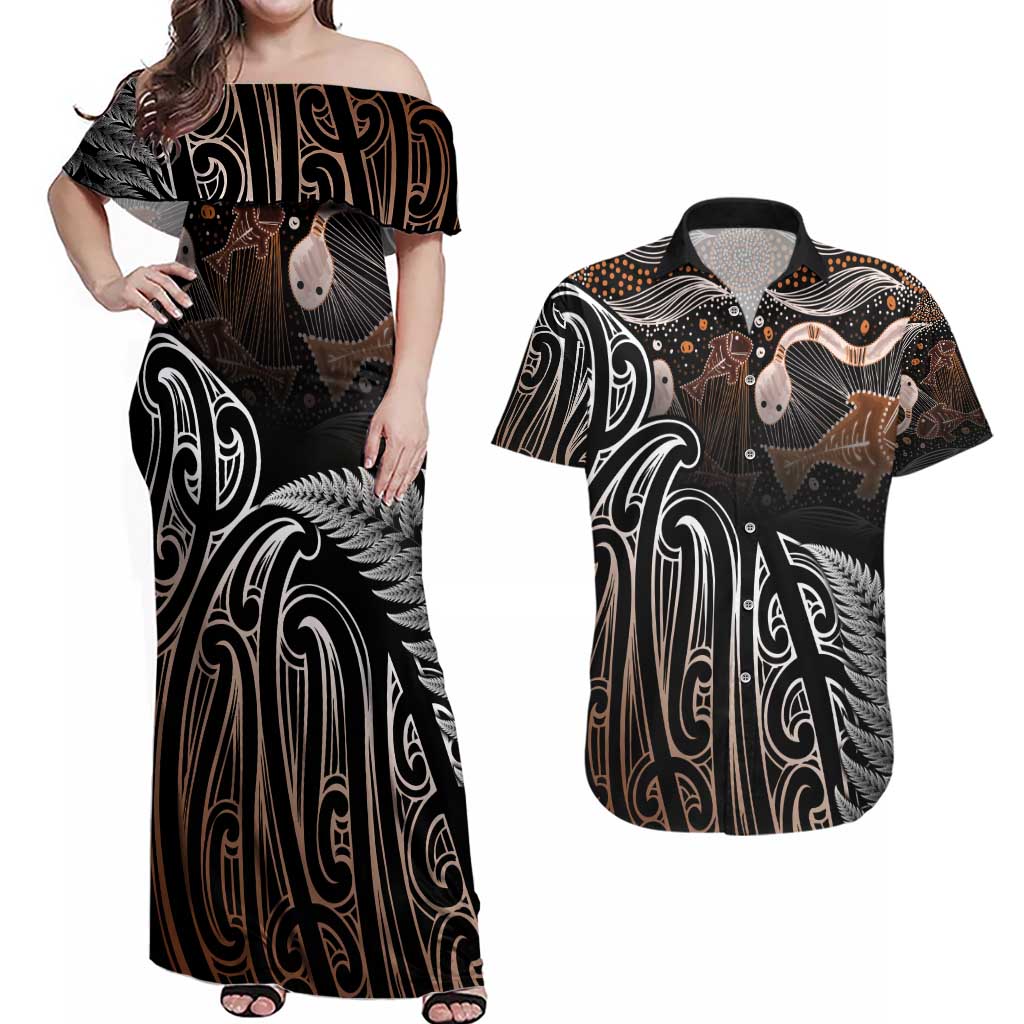 Aotearoa Maori - Australia Indigenous Couples Matching Off Shoulder Maxi Dress and Hawaiian Shirt Koiri Whakairo Mix Aboriginal Art - Aussie Hoodie