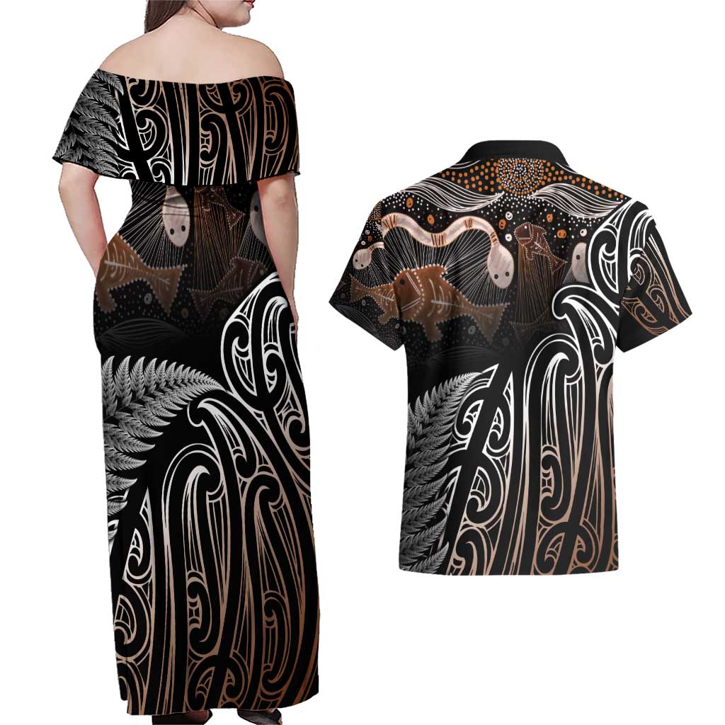 Aotearoa Maori - Australia Indigenous Couples Matching Off Shoulder Maxi Dress and Hawaiian Shirt Koiri Whakairo Mix Aboriginal Art - Aussie Hoodie