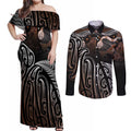 Aotearoa Maori - Australia Indigenous Couples Matching Off Shoulder Maxi Dress and Long Sleeve Button Shirt Koiri Whakairo Mix Aboriginal Art - Aussie Hoodie