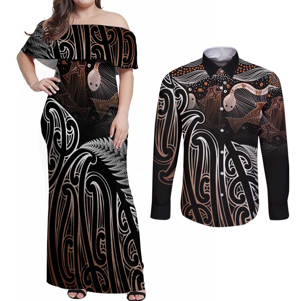 Aotearoa Maori - Australia Indigenous Couples Matching Off Shoulder Maxi Dress and Long Sleeve Button Shirt Koiri Whakairo Mix Aboriginal Art - Aussie Hoodie
