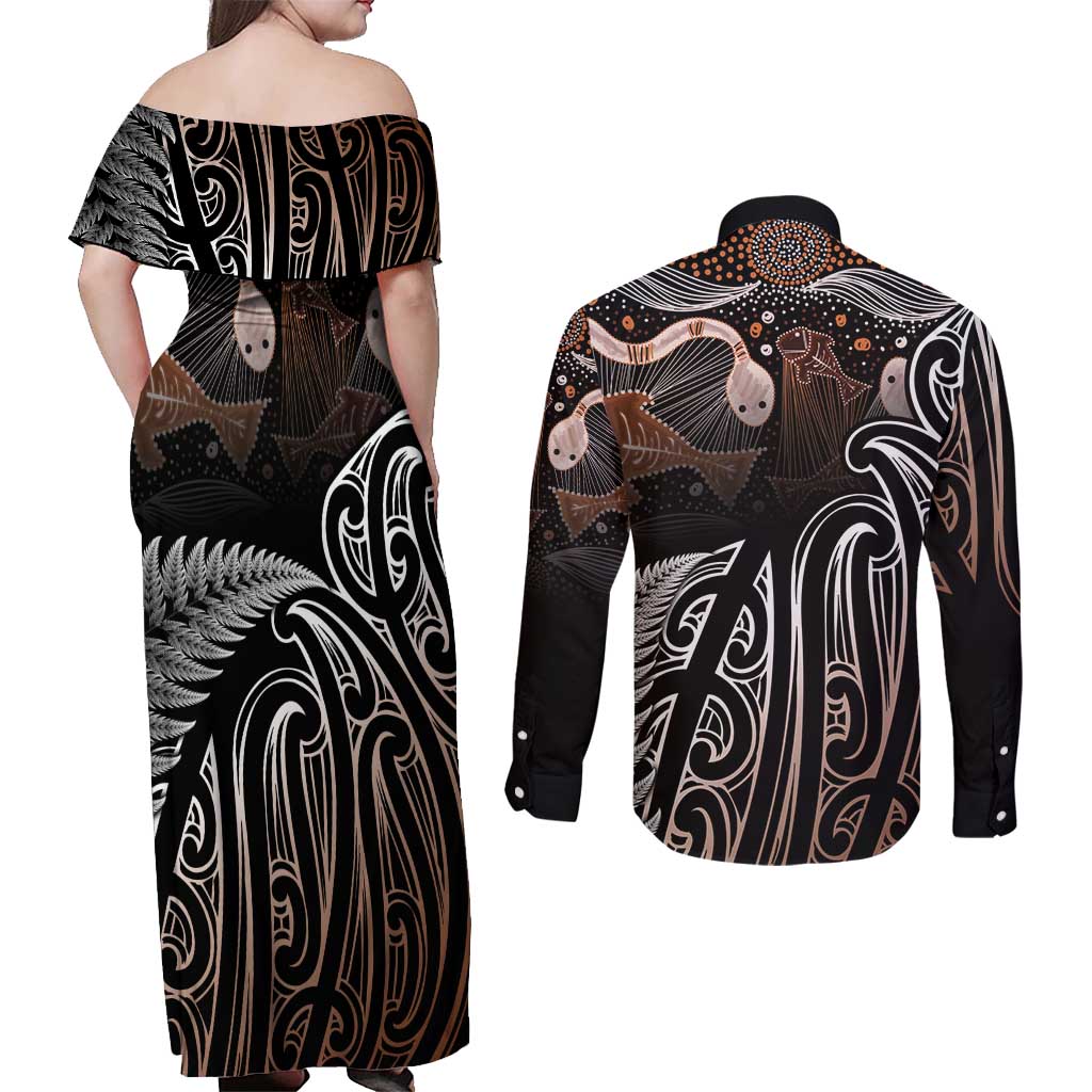 Aotearoa Maori - Australia Indigenous Couples Matching Off Shoulder Maxi Dress and Long Sleeve Button Shirt Koiri Whakairo Mix Aboriginal Art - Aussie Hoodie