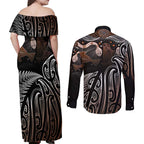 Aotearoa Maori - Australia Indigenous Couples Matching Off Shoulder Maxi Dress and Long Sleeve Button Shirt Koiri Whakairo Mix Aboriginal Art - Aussie Hoodie