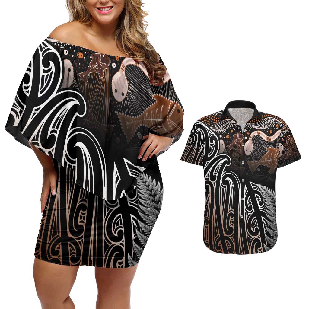 Aotearoa Maori - Australia Indigenous Couples Matching Off Shoulder Short Dress and Hawaiian Shirt Koiri Whakairo Mix Aboriginal Art - Aussie Hoodie