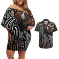 Aotearoa Maori - Australia Indigenous Couples Matching Off Shoulder Short Dress and Hawaiian Shirt Koiri Whakairo Mix Aboriginal Art - Aussie Hoodie