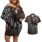 Aotearoa Maori - Australia Indigenous Couples Matching Off Shoulder Short Dress and Hawaiian Shirt Koiri Whakairo Mix Aboriginal Art - Aussie Hoodie