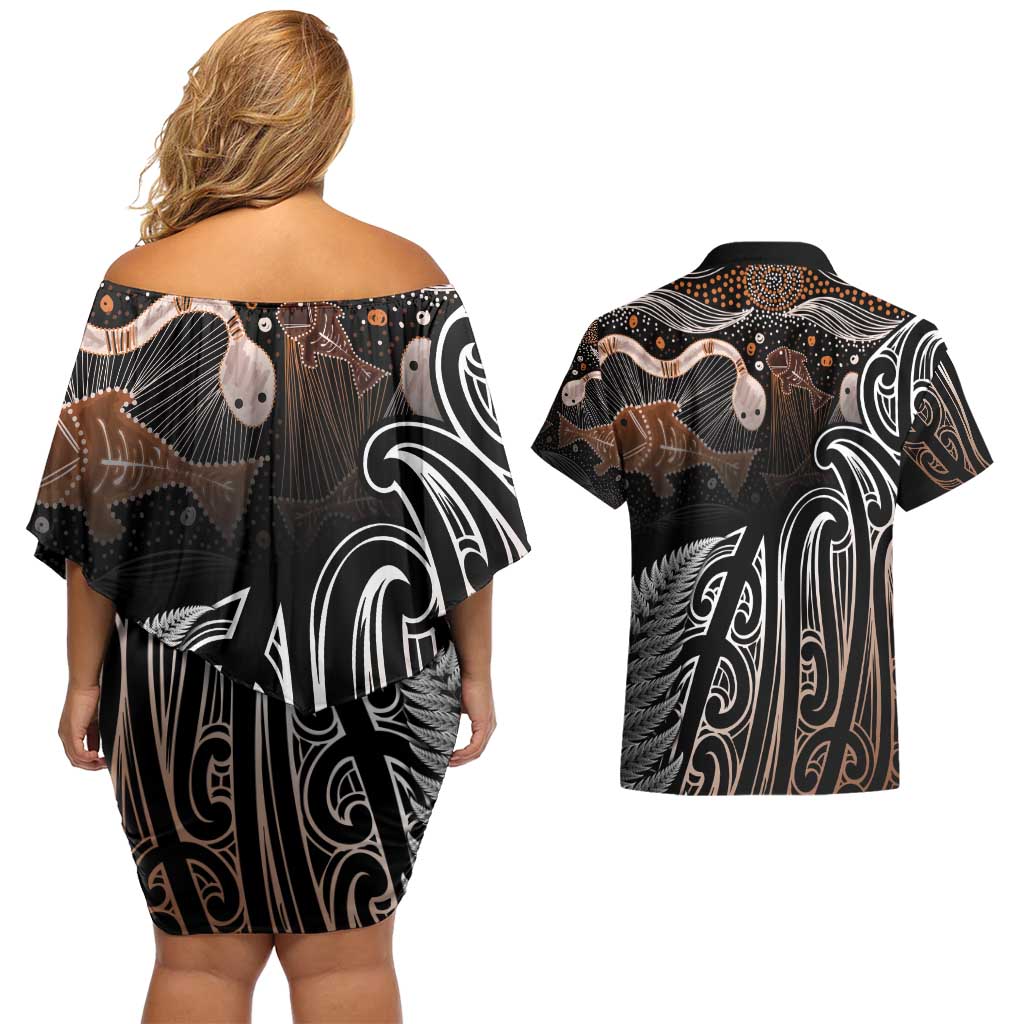 Aotearoa Maori - Australia Indigenous Couples Matching Off Shoulder Short Dress and Hawaiian Shirt Koiri Whakairo Mix Aboriginal Art - Aussie Hoodie