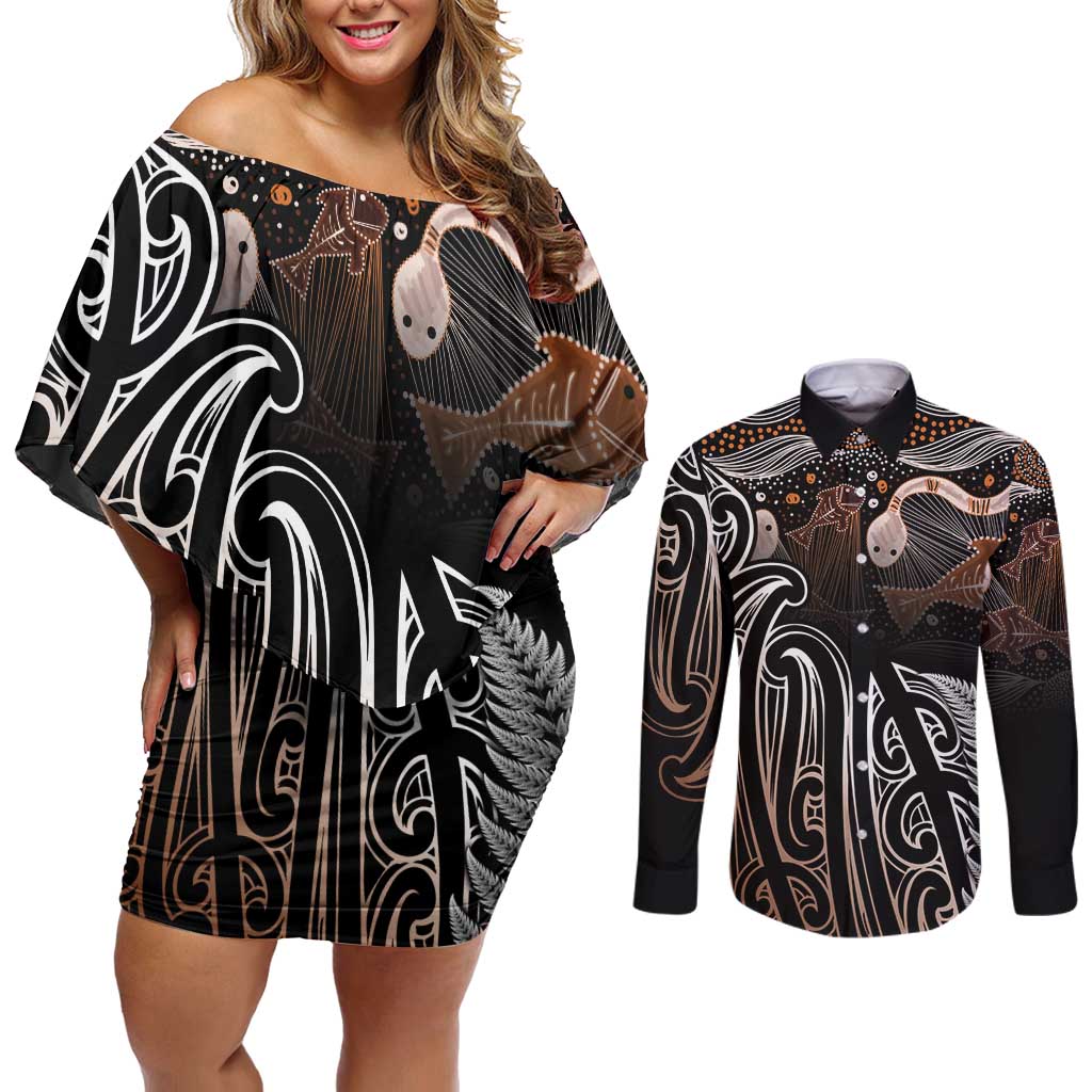 Aotearoa Maori - Australia Indigenous Couples Matching Off Shoulder Short Dress and Long Sleeve Button Shirt Koiri Whakairo Mix Aboriginal Art - Aussie Hoodie