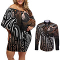 Aotearoa Maori - Australia Indigenous Couples Matching Off Shoulder Short Dress and Long Sleeve Button Shirt Koiri Whakairo Mix Aboriginal Art - Aussie Hoodie