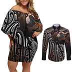 Aotearoa Maori - Australia Indigenous Couples Matching Off Shoulder Short Dress and Long Sleeve Button Shirt Koiri Whakairo Mix Aboriginal Art - Aussie Hoodie