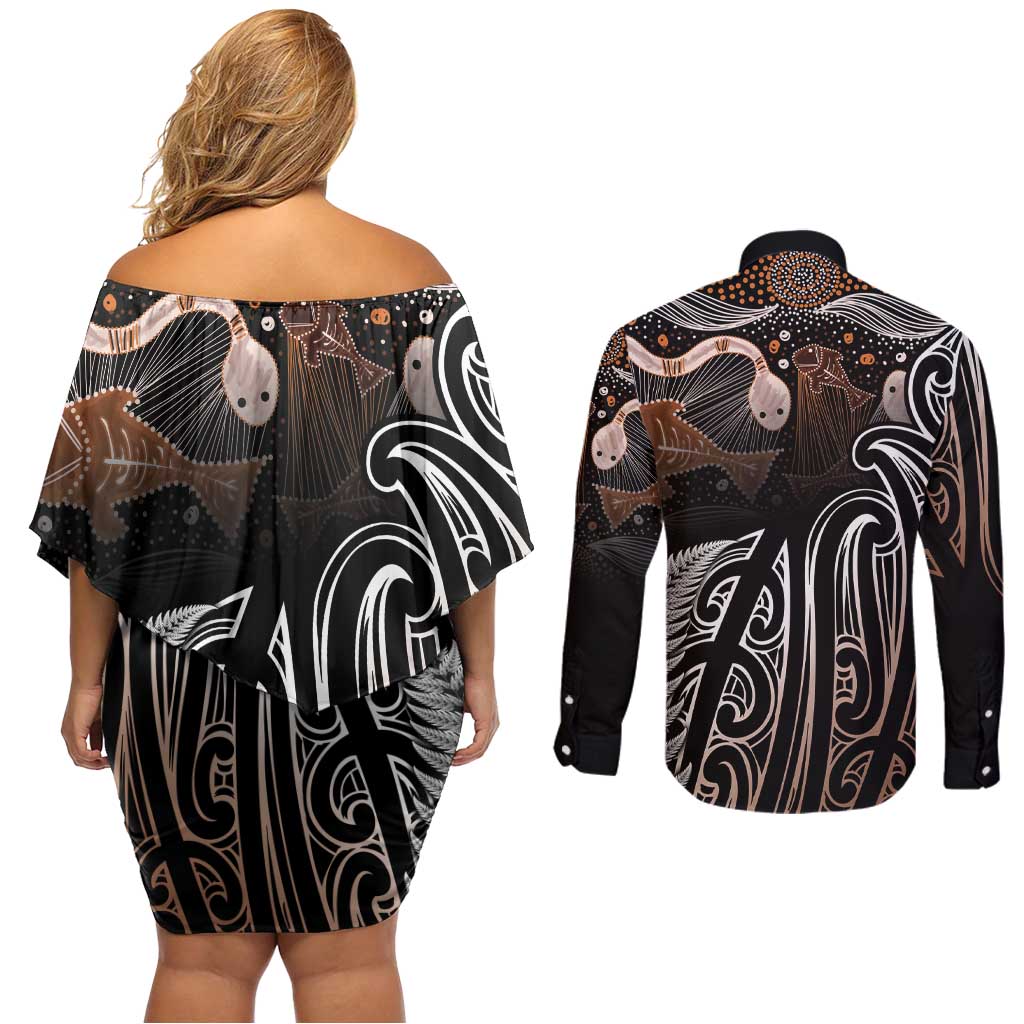 Aotearoa Maori - Australia Indigenous Couples Matching Off Shoulder Short Dress and Long Sleeve Button Shirt Koiri Whakairo Mix Aboriginal Art - Aussie Hoodie