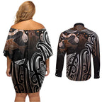 Aotearoa Maori - Australia Indigenous Couples Matching Off Shoulder Short Dress and Long Sleeve Button Shirt Koiri Whakairo Mix Aboriginal Art - Aussie Hoodie