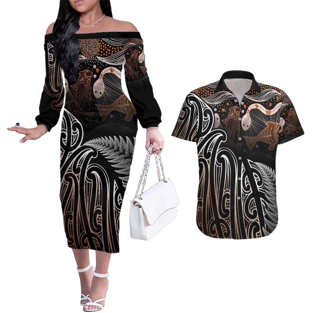 Aotearoa Maori - Australia Indigenous Couples Matching Off The Shoulder Long Sleeve Dress and Hawaiian Shirt Koiri Whakairo Mix Aboriginal Art - Aussie Hoodie