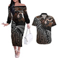 Aotearoa Maori - Australia Indigenous Couples Matching Off The Shoulder Long Sleeve Dress and Hawaiian Shirt Koiri Whakairo Mix Aboriginal Art - Aussie Hoodie