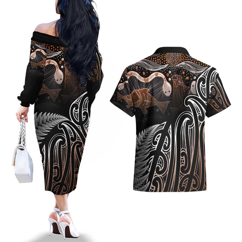 Aotearoa Maori - Australia Indigenous Couples Matching Off The Shoulder Long Sleeve Dress and Hawaiian Shirt Koiri Whakairo Mix Aboriginal Art - Aussie Hoodie