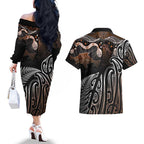 Aotearoa Maori - Australia Indigenous Couples Matching Off The Shoulder Long Sleeve Dress and Hawaiian Shirt Koiri Whakairo Mix Aboriginal Art - Aussie Hoodie
