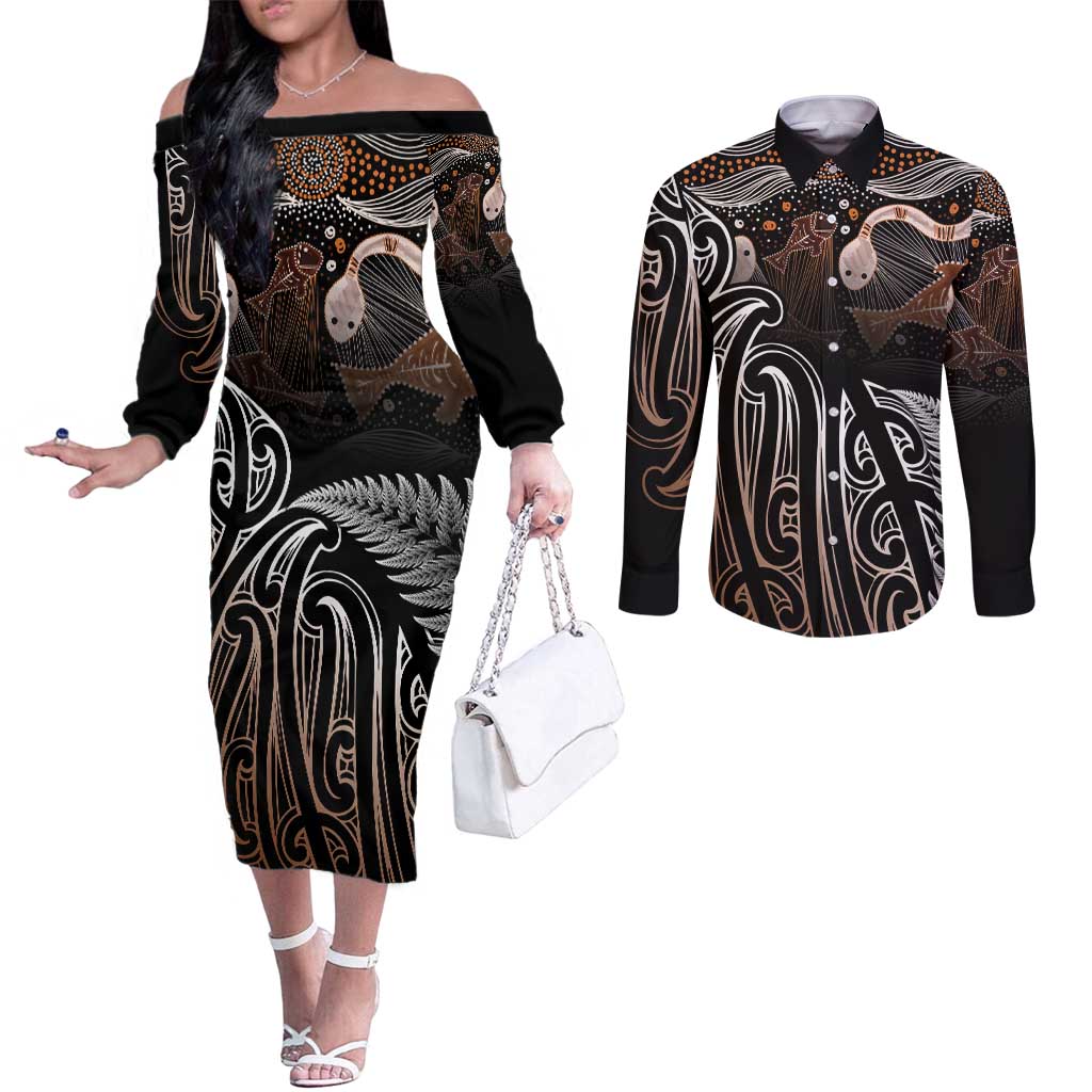 Aotearoa Maori - Australia Indigenous Couples Matching Off The Shoulder Long Sleeve Dress and Long Sleeve Button Shirt Koiri Whakairo Mix Aboriginal Art - Aussie Hoodie