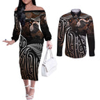 Aotearoa Maori - Australia Indigenous Couples Matching Off The Shoulder Long Sleeve Dress and Long Sleeve Button Shirt Koiri Whakairo Mix Aboriginal Art - Aussie Hoodie
