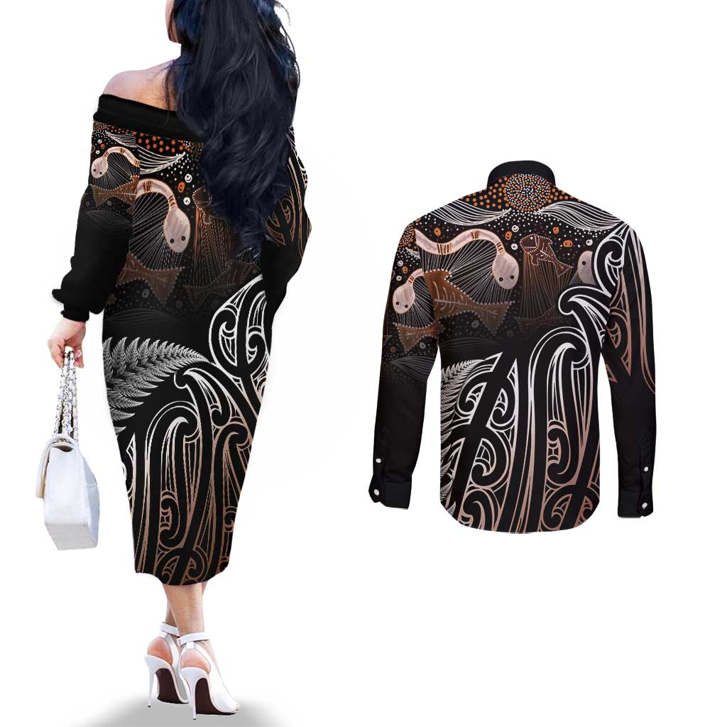 Aotearoa Maori - Australia Indigenous Couples Matching Off The Shoulder Long Sleeve Dress and Long Sleeve Button Shirt Koiri Whakairo Mix Aboriginal Art - Aussie Hoodie