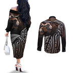 Aotearoa Maori - Australia Indigenous Couples Matching Off The Shoulder Long Sleeve Dress and Long Sleeve Button Shirt Koiri Whakairo Mix Aboriginal Art - Aussie Hoodie
