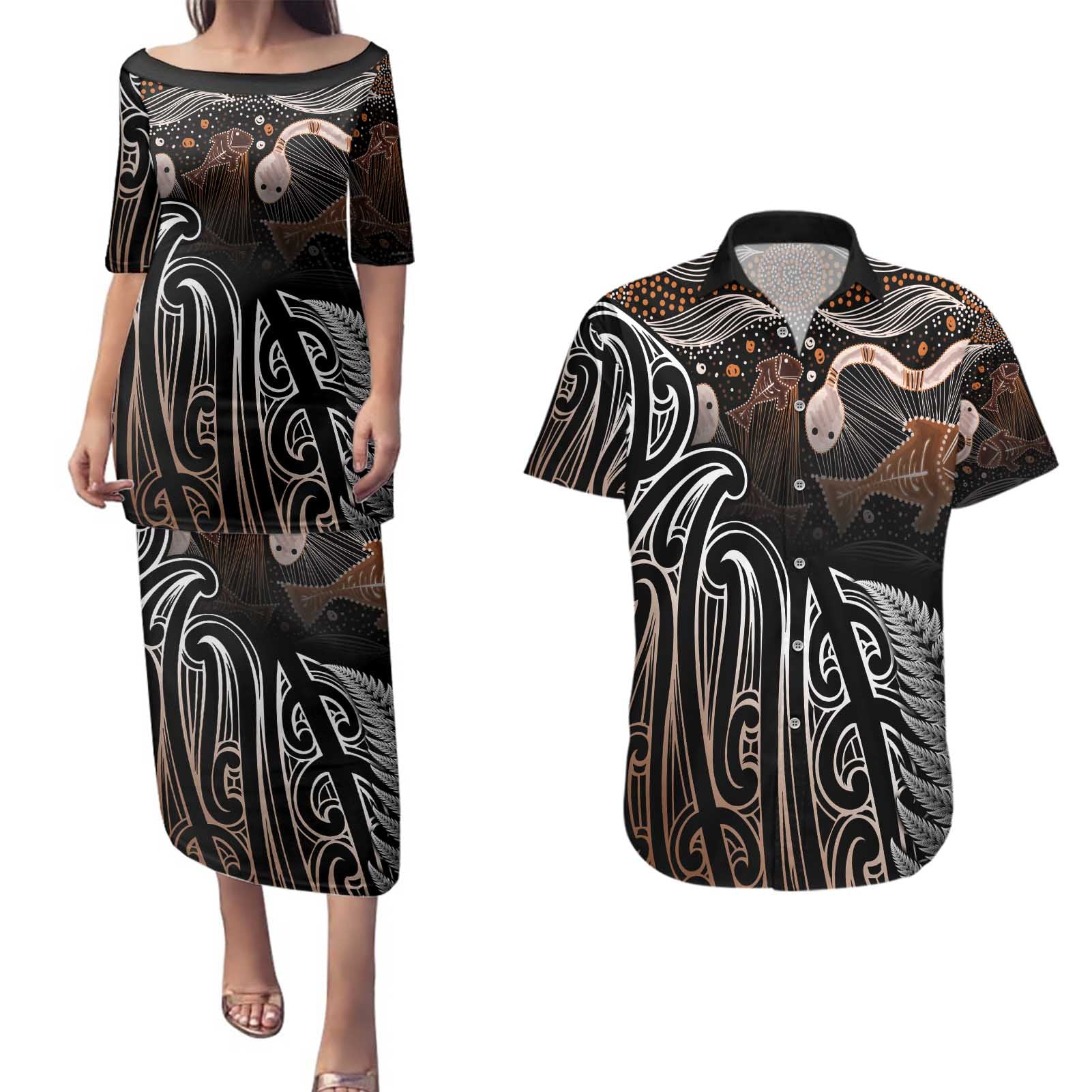 Aotearoa Maori - Australia Indigenous Couples Matching Puletasi and Hawaiian Shirt Koiri Whakairo Mix Aboriginal Art - Aussie Hoodie