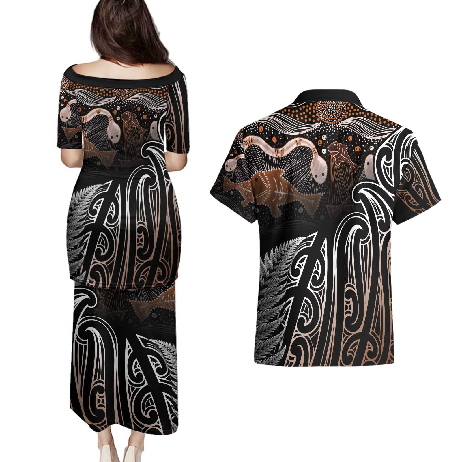 Aotearoa Maori - Australia Indigenous Couples Matching Puletasi and Hawaiian Shirt Koiri Whakairo Mix Aboriginal Art - Aussie Hoodie