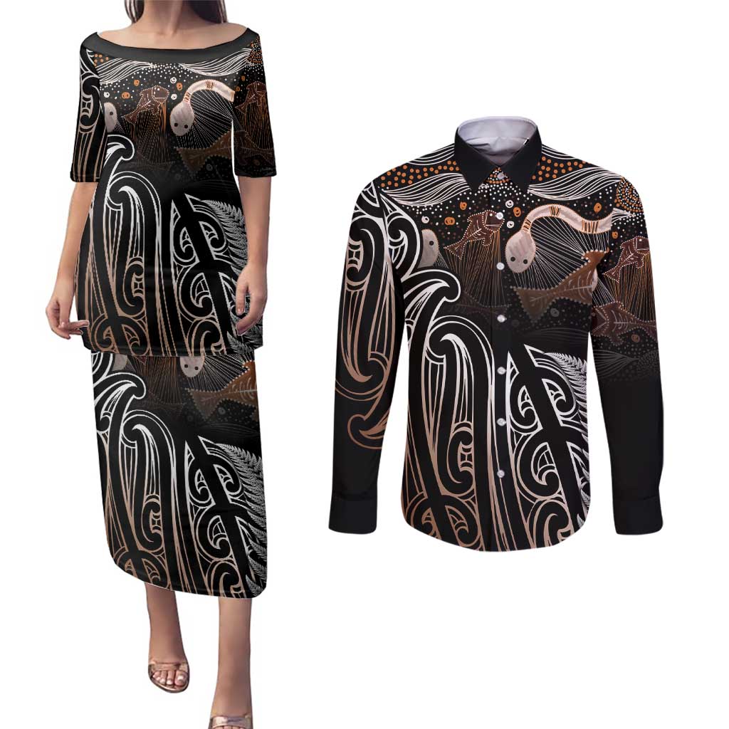 Aotearoa Maori - Australia Indigenous Couples Matching Puletasi and Long Sleeve Button Shirt Koiri Whakairo Mix Aboriginal Art - Aussie Hoodie