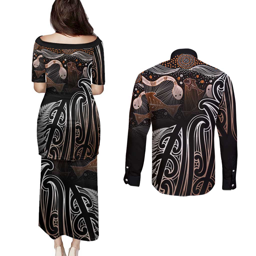 Aotearoa Maori - Australia Indigenous Couples Matching Puletasi and Long Sleeve Button Shirt Koiri Whakairo Mix Aboriginal Art - Aussie Hoodie