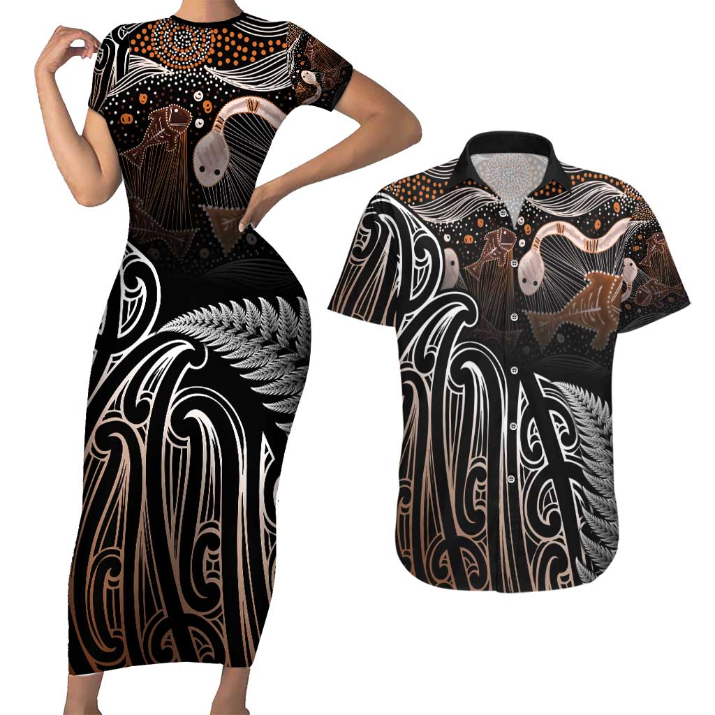 Aotearoa Maori - Australia Indigenous Couples Matching Short Sleeve Bodycon Dress and Hawaiian Shirt Koiri Whakairo Mix Aboriginal Art - Aussie Hoodie