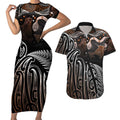 Aotearoa Maori - Australia Indigenous Couples Matching Short Sleeve Bodycon Dress and Hawaiian Shirt Koiri Whakairo Mix Aboriginal Art - Aussie Hoodie